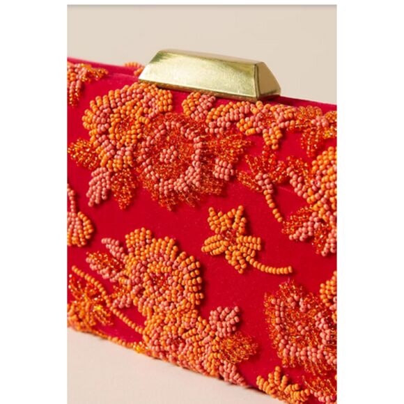 Red Orange Anthropologie Velvet Beaded Embroidered Crossbody Clutch Handbag, NWT - Picture 2 of 4